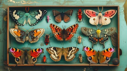 A curated collection of various butterflies and insects displayed in a vintage entomological showcase with a teal background.