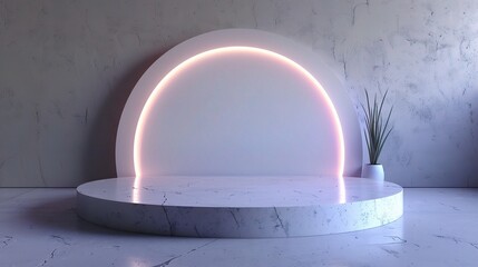 Abstract shine silver cylinder pedestal podium. Sci-fi white empty room concept with semi circle glowing neon lighting