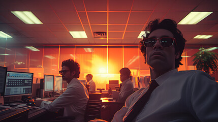 Obraz premium Low angle view of eccentric and quirky office workers - video conference - teams - retro feel - vintage theme 