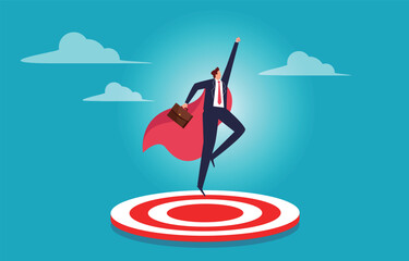 Leadership, accomplishing goals and achievements, business goals or career challenges, businessmen wearing capes bouncing off the bullseye and taking off