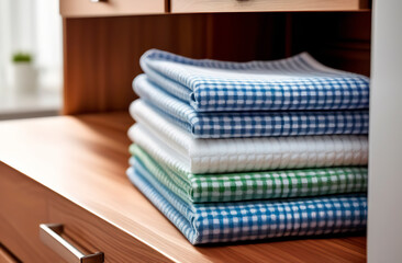 Stack of checkered kitchen towels on wooden shelf - 749122828