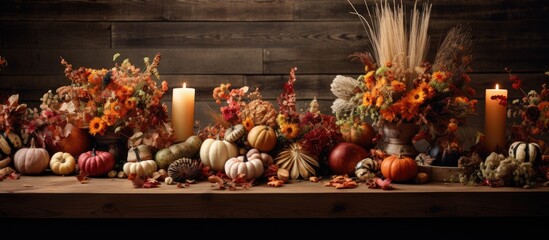 A table is overflowing with an array of pumpkins and various flowers, creating a beautiful and vibrant fall centerpiece. The wooden backdrop adds a rustic touch to the seasonal display. - Powered by Adobe