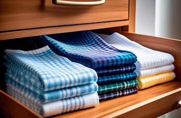 Various checkered kitchen towels in the chest of drawers - 749122867