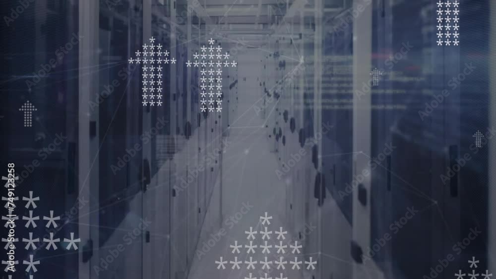 Poster animation of data processing and arrows over server room