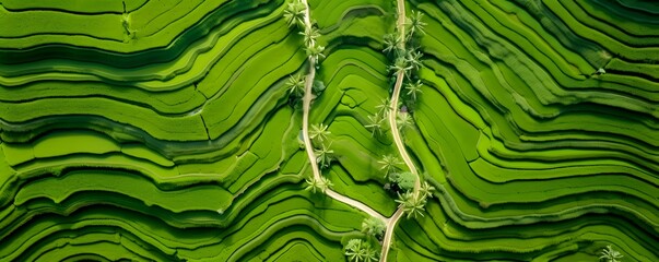 Aerial top view morning scene of Pa Bong Piang beautiful terraced rice fields, Mae Chaem, Chiang Mai Thailand. Mountain hills valley in asian, Vietnam. Nature landscape background. Roof plan
