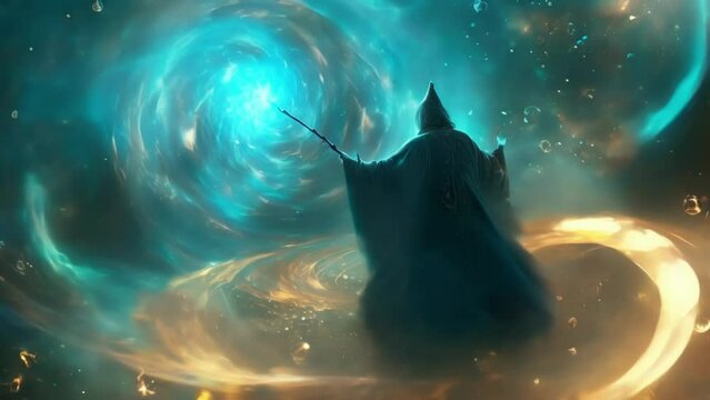 A mysterious sorcerer surrounded by swirling holographic spells and wielding a crystaltipped staff.