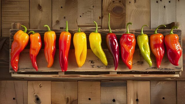 A row of orted peppers their vibrant colors ranging from sunny yellow to fiery red lined up in perfect unison on a wooden crate.