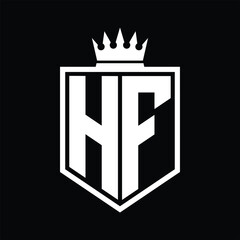 HF Logo monogram bold shield geometric shape with crown outline black and white style design