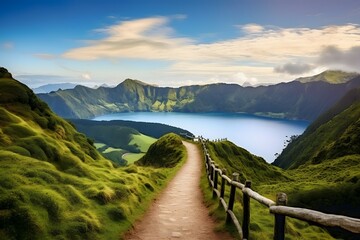 Mountain landscape with hiking trail and view of beautiful lakes Ponta Delgada, Sao Miguel Island, Azores, Portugal.
 - obrazy, fototapety, plakaty