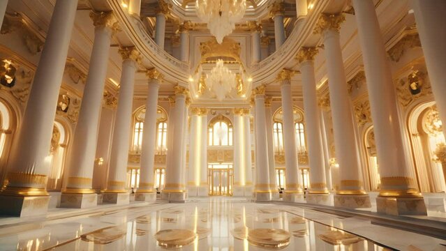 Background The grand hall of a palace with its towering columns and gold details adds to the grandeur of this modern and bold royal look.