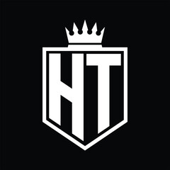 HT Logo monogram bold shield geometric shape with crown outline black and white style design