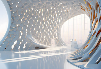 Modern architectural interior with organic honeycomb design, futuristic white structure with natural light. - obrazy, fototapety, plakaty