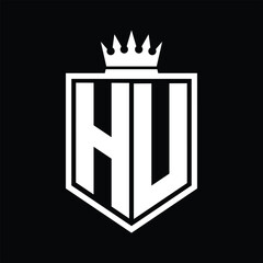 HU Logo monogram bold shield geometric shape with crown outline black and white style design