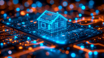house hologram over cellphone in futuristic digital background. Neural network generated image. Not based on any actual person or scene.