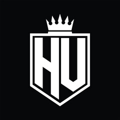 HV Logo monogram bold shield geometric shape with crown outline black and white style design