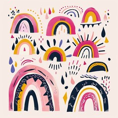 Pink geometric hand drawn rainbows collage element