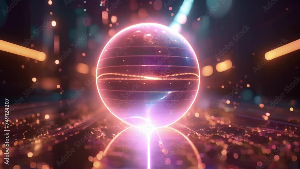 Poster a sleek holographic globe with multiple data rings floating around it illustrating the global nature