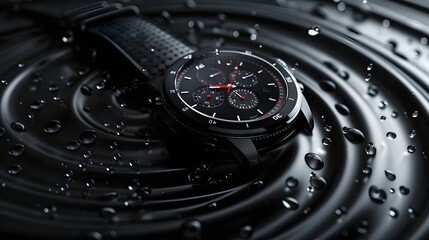 Luxury Black Chronograph Watch Surrounded by Water Droplets Ai generated
