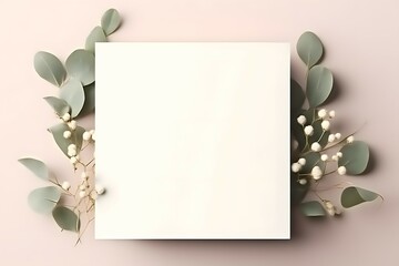 Naklejka na ściany i meble Photo frame decorated with green leaves and rose flowers on beige pastel background. empty white space for text. mock up with copy space. flat lay. greeting card concept 
