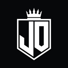 JO Logo monogram bold shield geometric shape with crown outline black and white style design