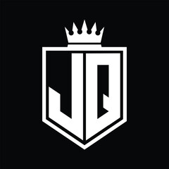 JQ Logo monogram bold shield geometric shape with crown outline black and white style design
