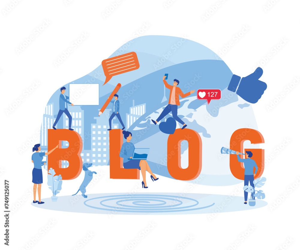 Aufkleber blog creative content production workflow process poster. happy friendly smiling men making word com