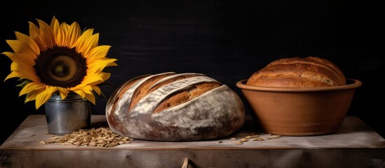 A freshly baked loaf of bread sits beside a vibrant sunflower on a wooden table, next to a baking plate in a bakery setting. The dark background contrasts the warm tones of the bread and flower.