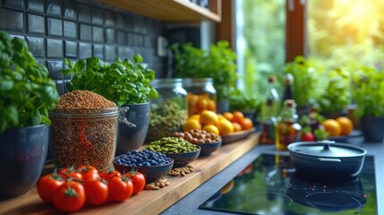 kitchen scene with a focus on wellness and nutrition, featuring fresh fruits, organic vegetables, and nuts in a clean, Healthy kitchen scene, minimalistic design