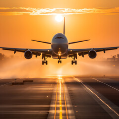 Fototapeta na wymiar Golden Hour Landing: A Spectacular View of an Aeroplane Touching Down at Sunset