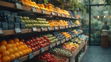 Supermarket Grocery Shelves scene of Fresh Fruits, Vegetables, and Supplements, Well Organized Shop Setting, Inspiring Dietary Wellness