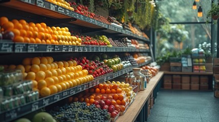 Fototapeta na wymiar Supermarket Grocery Shelves scene of Fresh Fruits, Vegetables, and Supplements, Well Organized Shop Setting, Inspiring Dietary Wellness