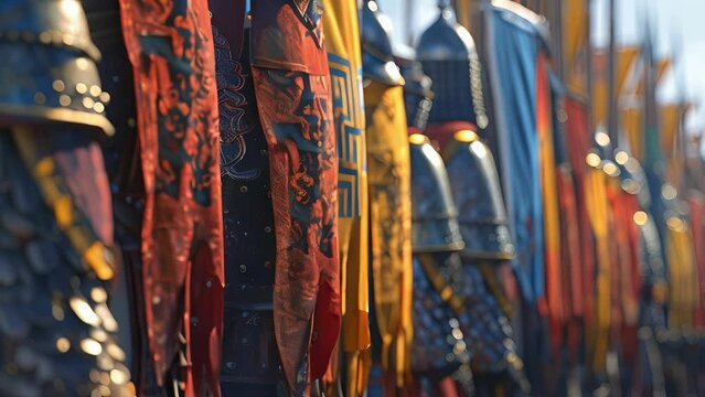 A row of Mongol hor stands tall and proud their colorful banners and elaborate armor a symbol of their loyalty and allegiance to the empire.
