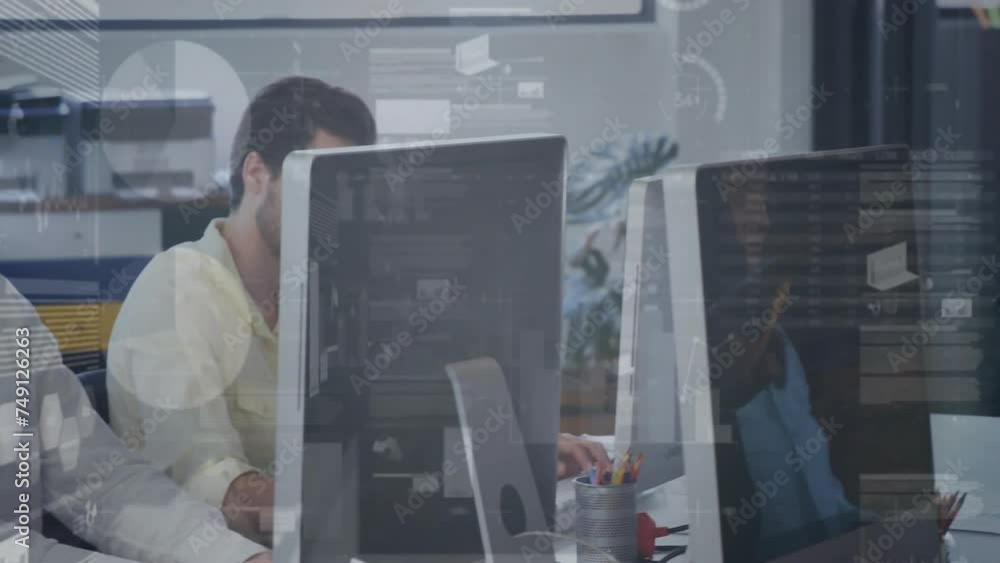 Poster animation of diagrams and data processing over diverse colleagues working in office