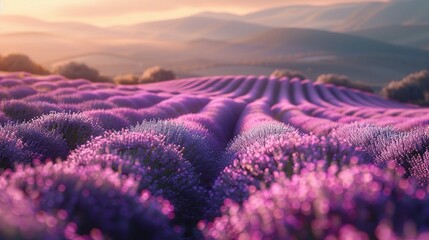 Beautiful detail of scented lavender flowers field perfect Radiant Orchid color in Provence France - obrazy, fototapety, plakaty