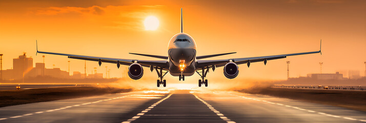 Golden Hour Landing: A Spectacular View of an Aeroplane Touching Down at Sunset - obrazy, fototapety, plakaty