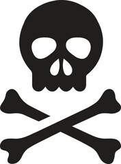 Skull with crossed bones icon silhouette, Human skeleton head. Death, pirate and danger symbol. Jolly Roger logo template. Vector illustration