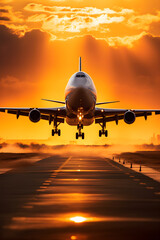 Fototapeta na wymiar Golden Hour Landing: A Spectacular View of an Aeroplane Touching Down at Sunset