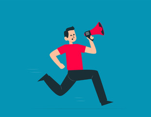 Person running while holding megaphone. Vector concept