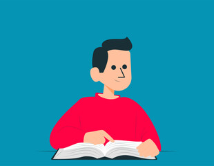 Man holding an open book and reading. Education vector concept