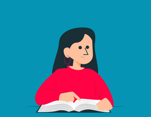Woman holding an open book and reading. Education vector concept