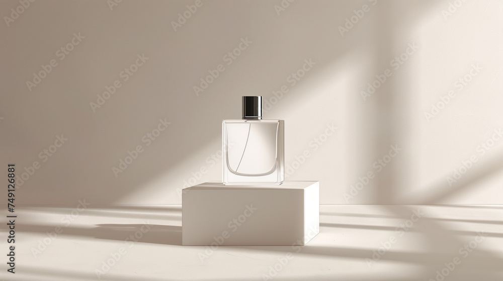 Wall mural mockup of a plain white perfume bottle neatly placed on a podium on a neutral background, ai generat - Wall murals