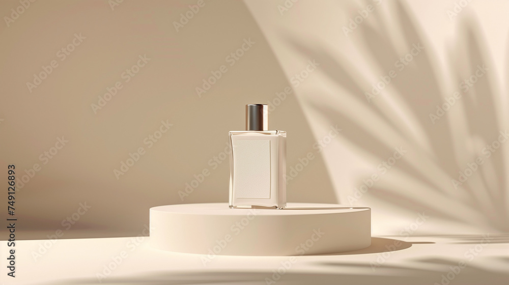 Wall mural mockup of a plain white perfume bottle neatly placed on a podium on a neutral background, ai generat - Wall murals