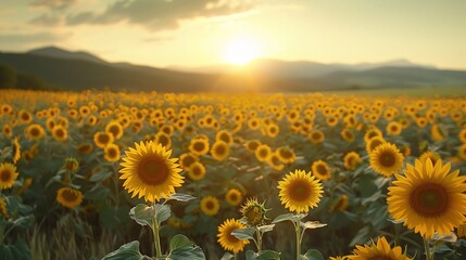 Beautiful field of blooming sunflowers against sunset golden light 