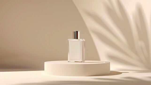 mockup of a plain white perfume bottle neatly placed on a podium on a neutral background, Ai generated Images