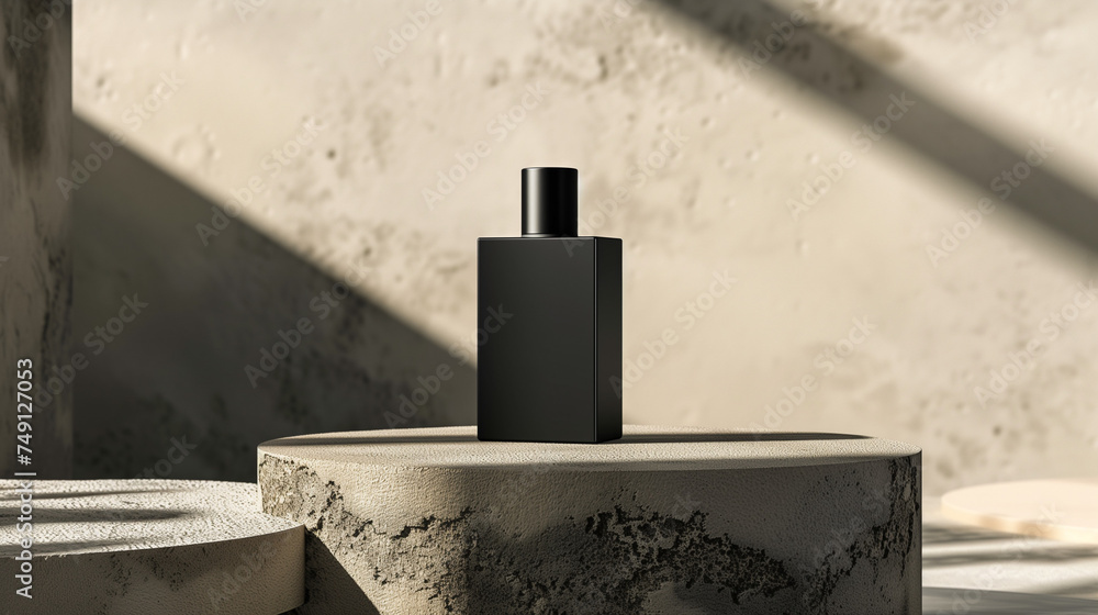 Wall mural mockup of a plain black perfume bottle neatly placed on a podium on a neutral background, ai generat - Wall murals