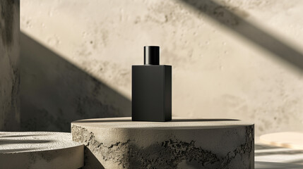 mockup of a plain black perfume bottle neatly placed on a podium on a neutral background, Ai generated Images