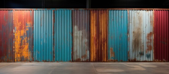 A close-up view of a corrugated metal wall with a variety of vibrant colors splashed across it,...