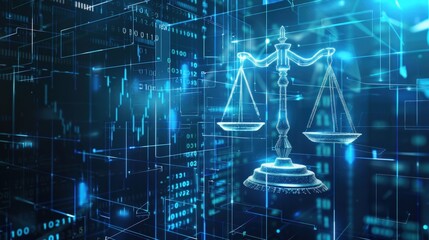 Futuristic scale of justice in blue glowing neon line background - obrazy, fototapety, plakaty