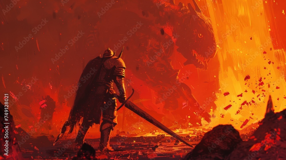 Wall mural Knight facing a giant monster with the power of fire