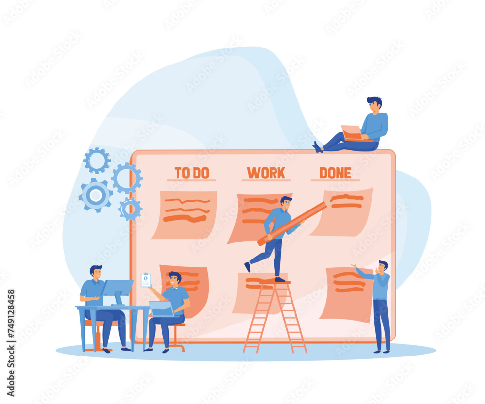Poster office work and time management. kanban board, teamwork communication process, agile project managem